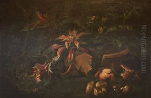 Still Life Of Mushrooms And Thistles Amongst Broken Earthenware Pots