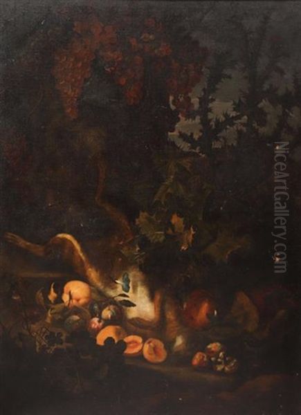 Nature - Morte Eu Trophee De Lievre, Prunes, Peches, Champignons, Liserons, Raisins Rouges Et Blancs - view 1
