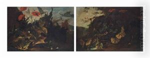 Poppies, Snowdrops And Other Flowers, A Landscape Beyond; And Poppies And Other Flowers On A River Bank, A Waterfall Beyond by Niccolino Van Houbraken