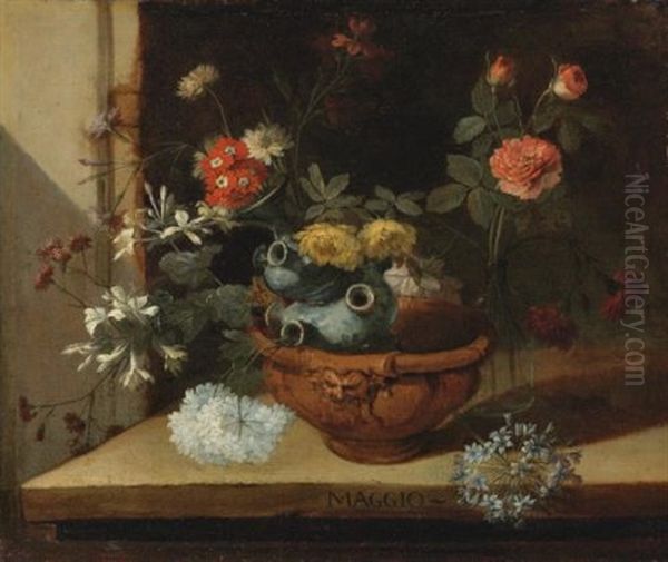Still Life With Various Flowers And A Ceramic Vase Balanced In A Clay Pot Resting On A Stone Ledge - view 1