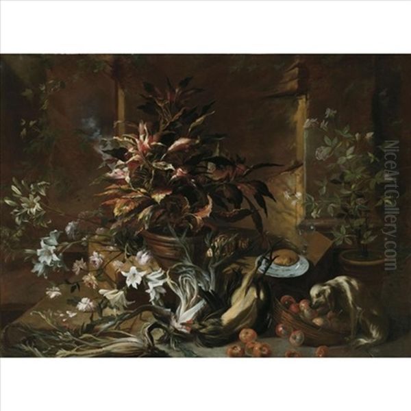 A Still Life With Potted Plants And Roses, A Dog, A Basket Of Apples, Fennel, And A Semi-plucked Rooster, A Bread Roll On A Plate And A Wine Glass - view 1