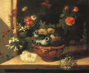 A Ceramic Vase With Roses, Hortensias And Other Flowers In A Clay Pot On A Stone Ledge (one Of A Series Of Months) by Niccolino Van Houbraken