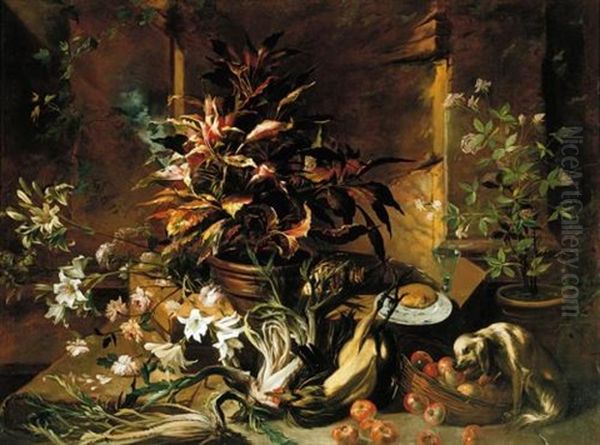 Still Life With Potted Plants And Roses, A Dog, A Basket Of Apples, Fennel, And A Semi-plucked Rooster, A Bread Roll On A Plate And A Wine Glass - view 1