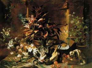 Still Life With Potted Plants And Roses, A Dog, A Basket Of Apples, Fennel, And A Semi-plucked Rooster, A Bread Roll On A Plate And A Wine Glass