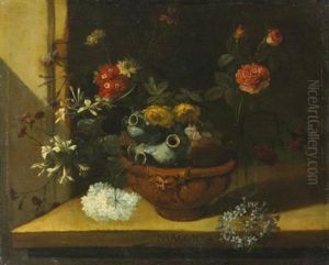 Still Life With Various Flowers And A Ceramic Vase Balanced In A Clay Pot Resting On A Stone Ledge (probably One Of A Series Of Months)