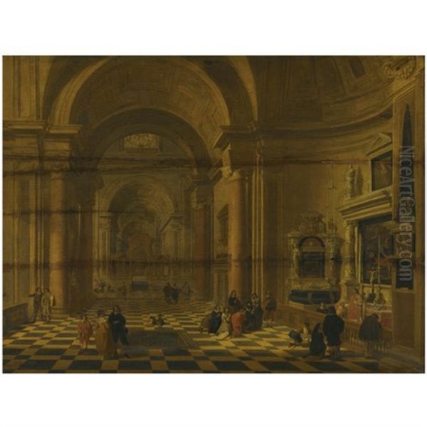 A Church Interior With Figures Praying By A Chapel In The Foreground - view 1