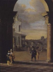 Blick In Eine Stadt An Einem Flus Mit Steinerner Bogenbrucke Und Vielen Figuren by Gerard Houckgeest