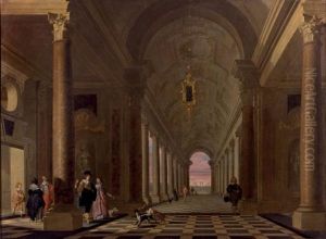 Vue D'une Galerie Imaginaire Animee De Personnages by Gerrit Houckgeest