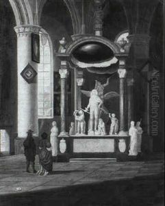 The Interior Of The Church Of St. Jacob In Gravenhage With  An Elegant Couple Admiring The Tomb Of Admiral Jacob Van