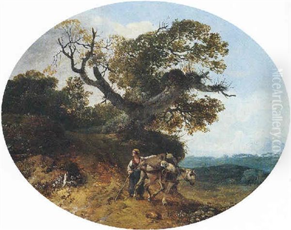 An Open Landscape With A Woman And Her Horse On A Path, Snow-capped Mountains In The Distance - view 1