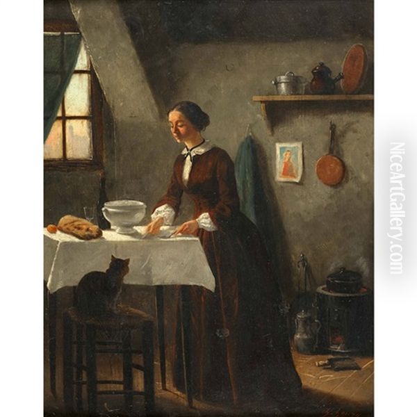 Interieur Mit Junger Frau Und Katze - view 1