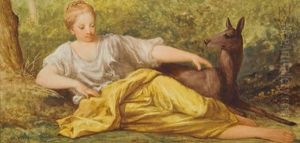 Romantic Forest Scene, Reclining Girl (artemis?) With Deer by Charles-Borromee-Antoine Houry