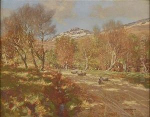 Sheep On A Country Road, Autumn by George Houston