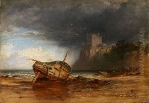 Gestrandetes Boot Vor Einer Kuste Mit Befestigung by John Adam P. Houston