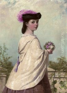 Portrait Of A Young Girl In A White Cloak, Holding A Posy Of Flowers On A Terrace