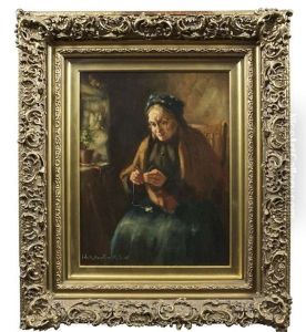 Interior With Old Woman Knitting by John Rennie MacKenzie Houston
