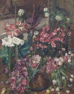 A Colourful Display Of Tulips, Azaleas, Lillies, Amarylles, Arums And Hyacinths by Barbara van Houten