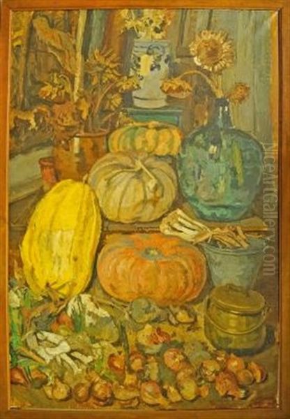 Still Life With Pumpkins And A Bottle With Sunflowers - view 1