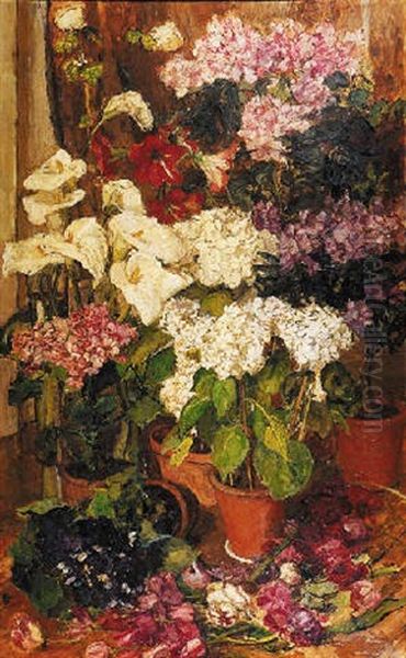 A Still Life With Hydrangea, Amaryliss And Rhododendrons In Terracotta Pots - view 1