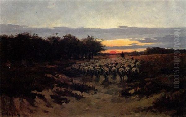 Landschaft Mit Hirte Und Schafherde Bei Untergehender       Sonne - view 1