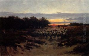 Landschaft Mit Hirte Und Schafherde Bei Untergehender       Sonne