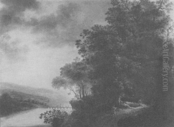 Fluslandschaft Mit Brucke Und Wanderern - view 1