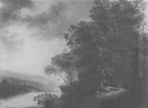 Fluslandschaft Mit Brucke Und Wanderern Fluslandschaft Mit Brucke Und Wanderern