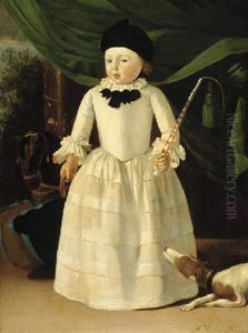 Portrait Of Willem Borski Standing By A Draped Column On A Terrace, Dressed In White, Holding A Whip, A Rocking Horse At His Side