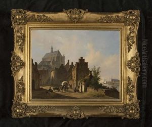Continental Town Scene With Figures And Horse