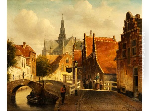 Niederlandische Stadtansicht Mit Hausern, Kirchturm Und Brucke Uber Einer Gracht - view 1