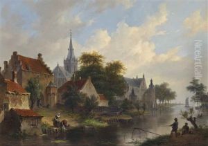 Fishermen Near The City's Riverbank