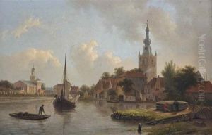 Overschie: Figures Repairing A Boat Along The River By Overschie