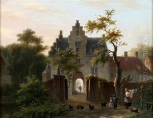 Zuid-hollands Stadsgezicht Met Vrouw Die De Was Op Hangt Zuid-hollands Stadsgezicht Met Vrouw Die De Was Op Hangt