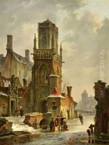 Hollandische Stadtansicht Mit Personen Auf Dem Zugefrorenen Kanal by Bartholomeus Johannes Van Hove