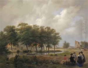 A Painter And His Patrons Near The Ruin Of Brederode Castle by Bartholomeus Johannes Van Hove