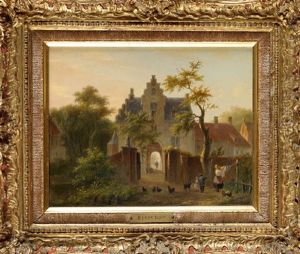 A Large Provincial House With A Woman Hanging Out Washing, Children And Animals In The Foreground