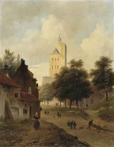 Daily Activities In A Dutch Town, A Tower Beyond by Bartholomeus Johannes Van Hove