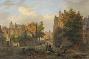 View Of A Town With Figures In Conversation by Bartholomeus Johannes Van Hove