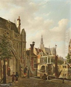 A Capriccio View Of A Dutch Town With Children Playing Hoop