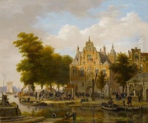 A Market Scene In Front Of A Town Hall