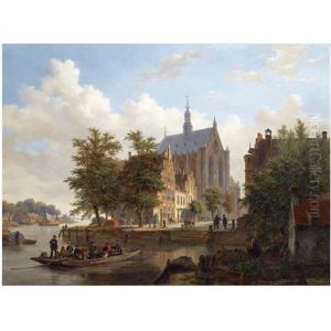 A Ferry Crossing The Binnen Spaarne Canal In Haarlem, The Sint Bavo Church In The Background