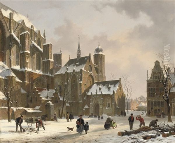 Daily Activities Near A Sunlit Church In Winter - view 1