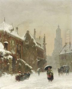 Wintertag, Buntes Treiben Auf Verschneiter Strase In Einer Hollandischen Stadt Wintertag, Buntes Treiben Auf Verschneiter Strase In Einer Hollandischen Stadt