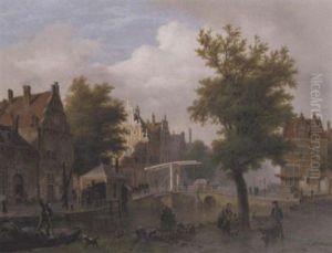 After The Rain: Townsfolk By A Drawbridge Over A Canal, Amsterdam by Bartholomeus Johannes Van Hove