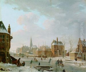 A Town Scene With Figures On A Frozen Canal by Bartholomeus Johannes Van Hove