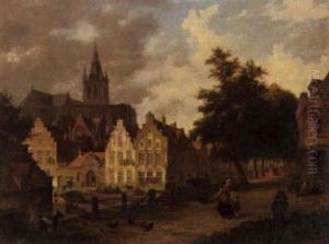Figures By A Canal In Delft, With The Prinsenhoff Beyond by Bartholomeus Johannes Van Hove