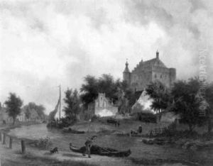 Kasteel Omringd Door Huizen Aan Een Riviertje