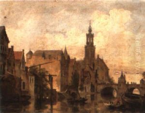 A Dutch River Town With Figures In A Punt Before A Bridge by Bartholomeus Johannes Van Hove