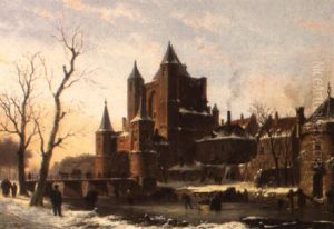 Figures On A Frozen Canal, Haarlem by Bartholomeus Johannes Van Hove