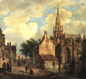 Figures In A Street Before A Dutch Town by Bartholomeus Johannes Van Hove